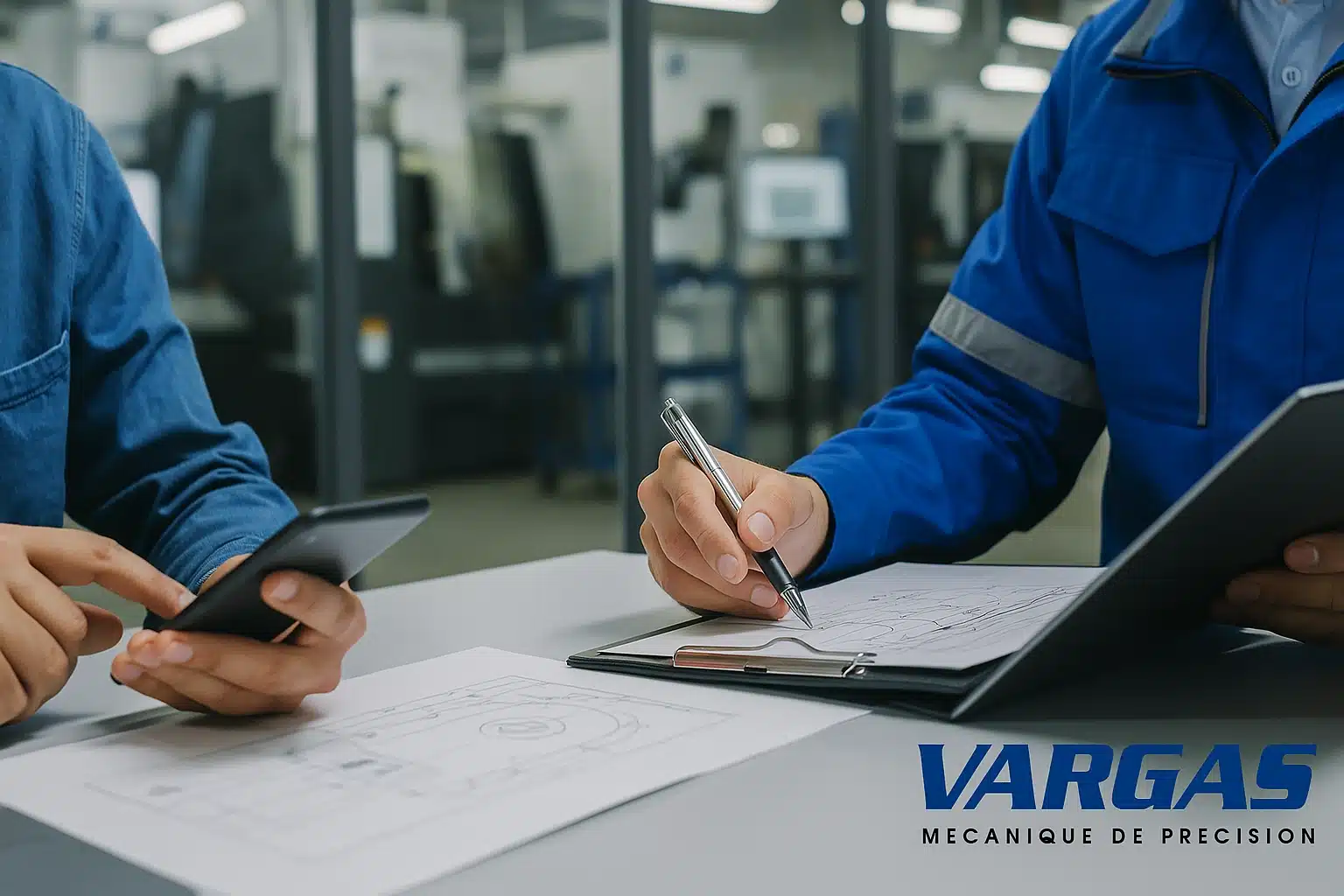 Échange entre deux professionnels dans un bureau technique vitré – Illustration de la réactivité et du service client dans la sous-traitance industrielle chez Vargas